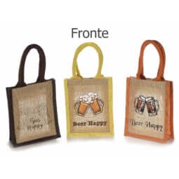 Set 3 Borsa media juta stampata "Beer Happy" e finestra sul retro