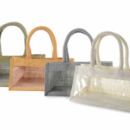 Set 4 Borsette juta rettangolare c/finestra e manici corda cotone