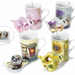 Set tazza, piattino in porcellana c/filtro in metallo