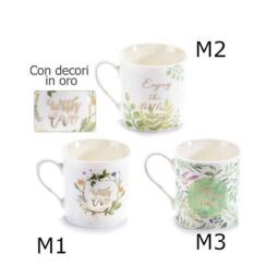 Tazza mug porcellana decorata con foglie e scritta in oro